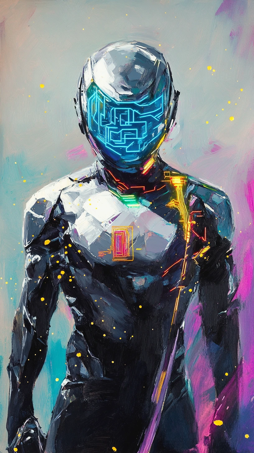 Portrait néon abstrait d’un guerrier samouraï cybernétique futuriste