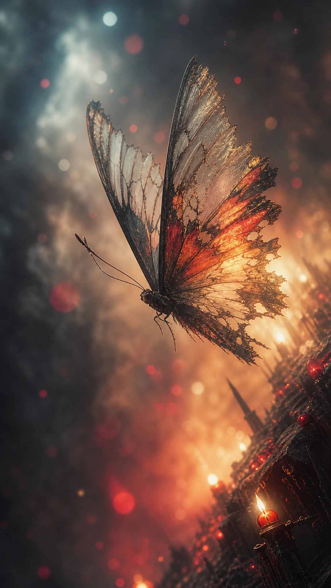Borboleta esfarrapada e translúcida sobe por um céu escuro surreal