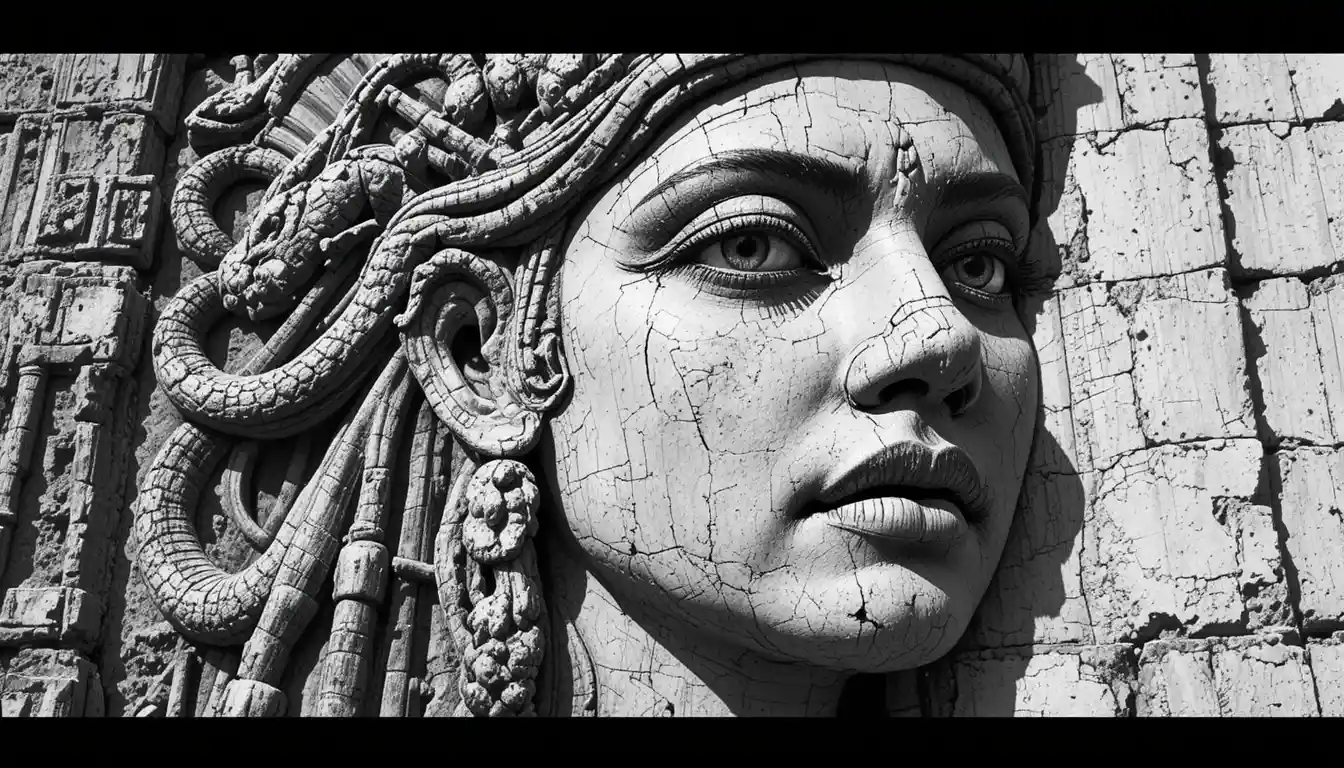 Primer plano al estilo Sin City de una antigua diosa serpiente de piedra