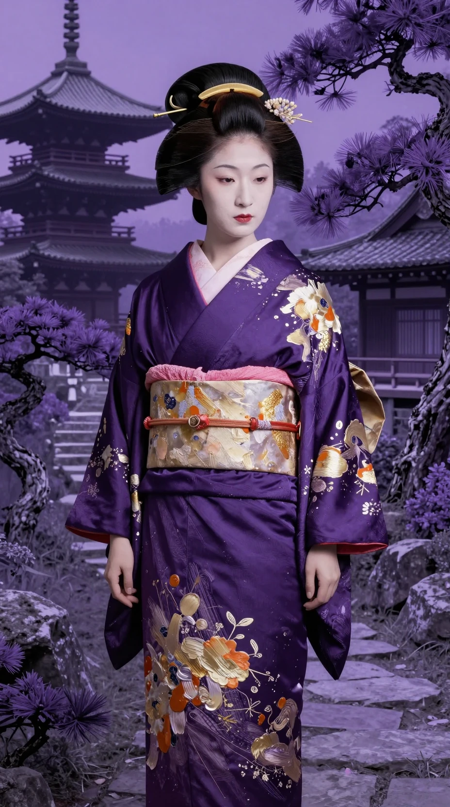 Retrato de gueixa em quimono roxo diante de pagodes místicos