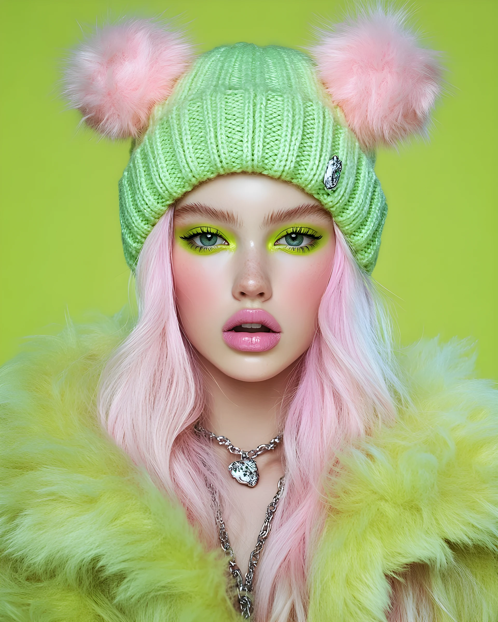 Pastellrosa haariges Model im Neon‑Grün Studio‑Porträt