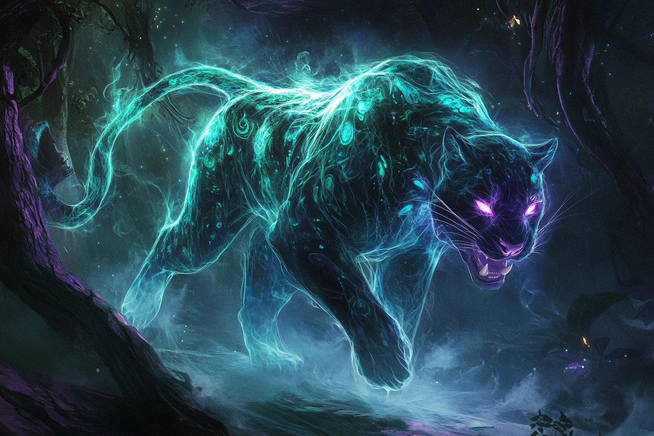 Biolumineszenter Rauchpanther in verzauberter Waldnacht