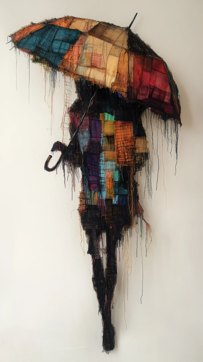 Patchwork-Regenschirm, der sich in digitale Glitch-Fragmente auflöst