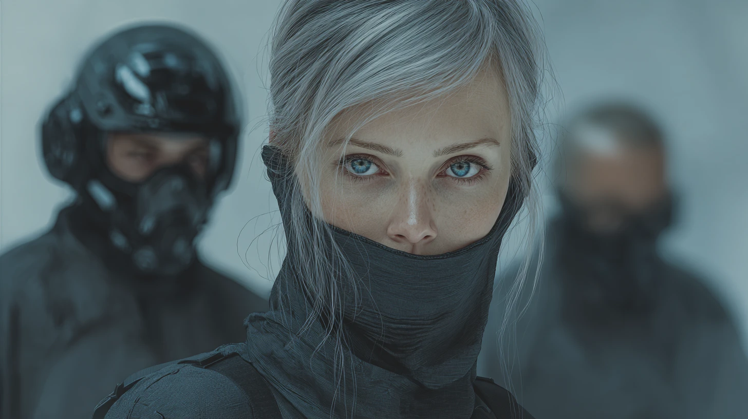 Ältere Sci-Fi-Frau im Cybersuit an Bord eines Alien-Raumschiffs