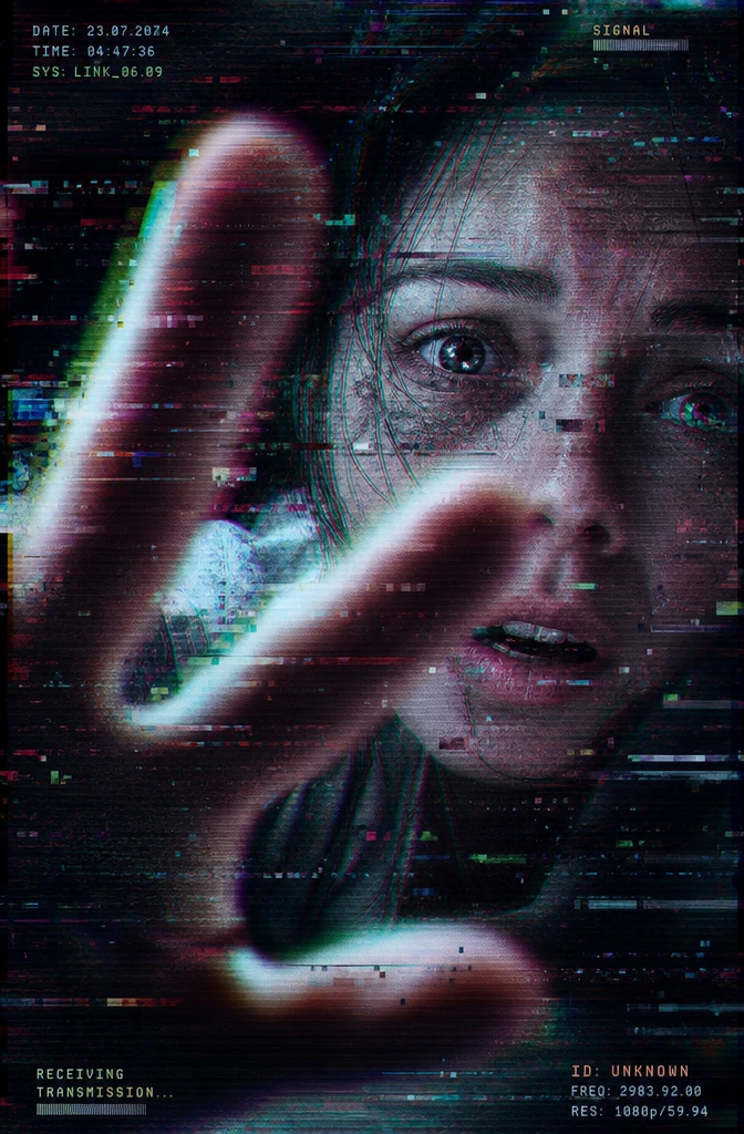 Mulher ansiosa do futuro em retrato close-up com efeito glitch