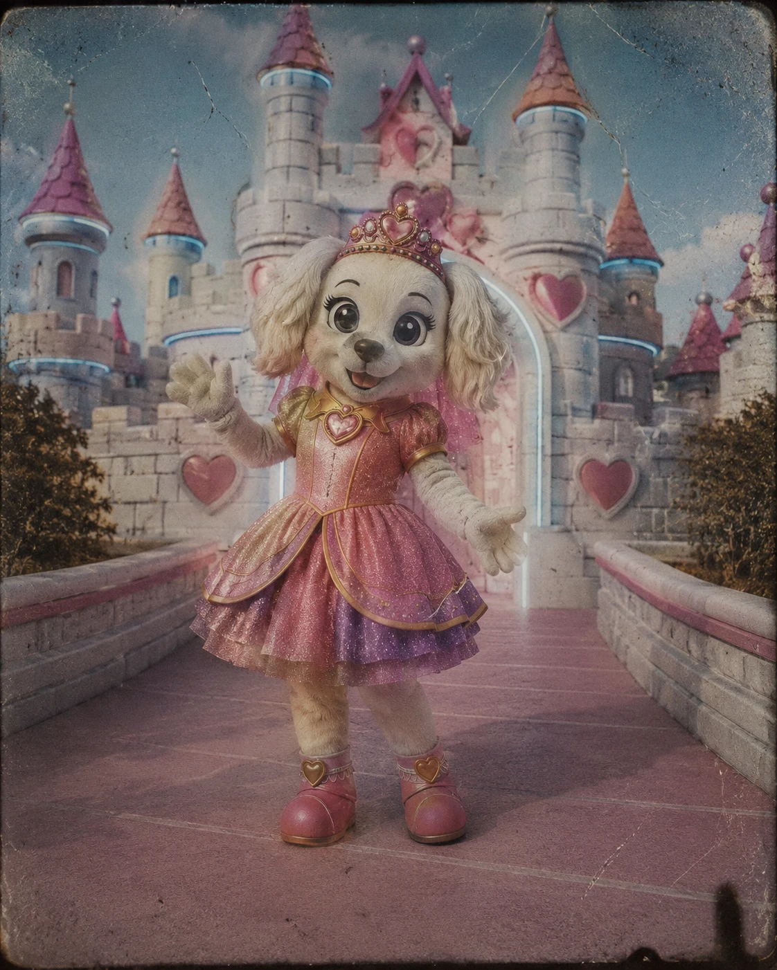 Mascote de cachorro princesa em frente a um castelo de fantasia