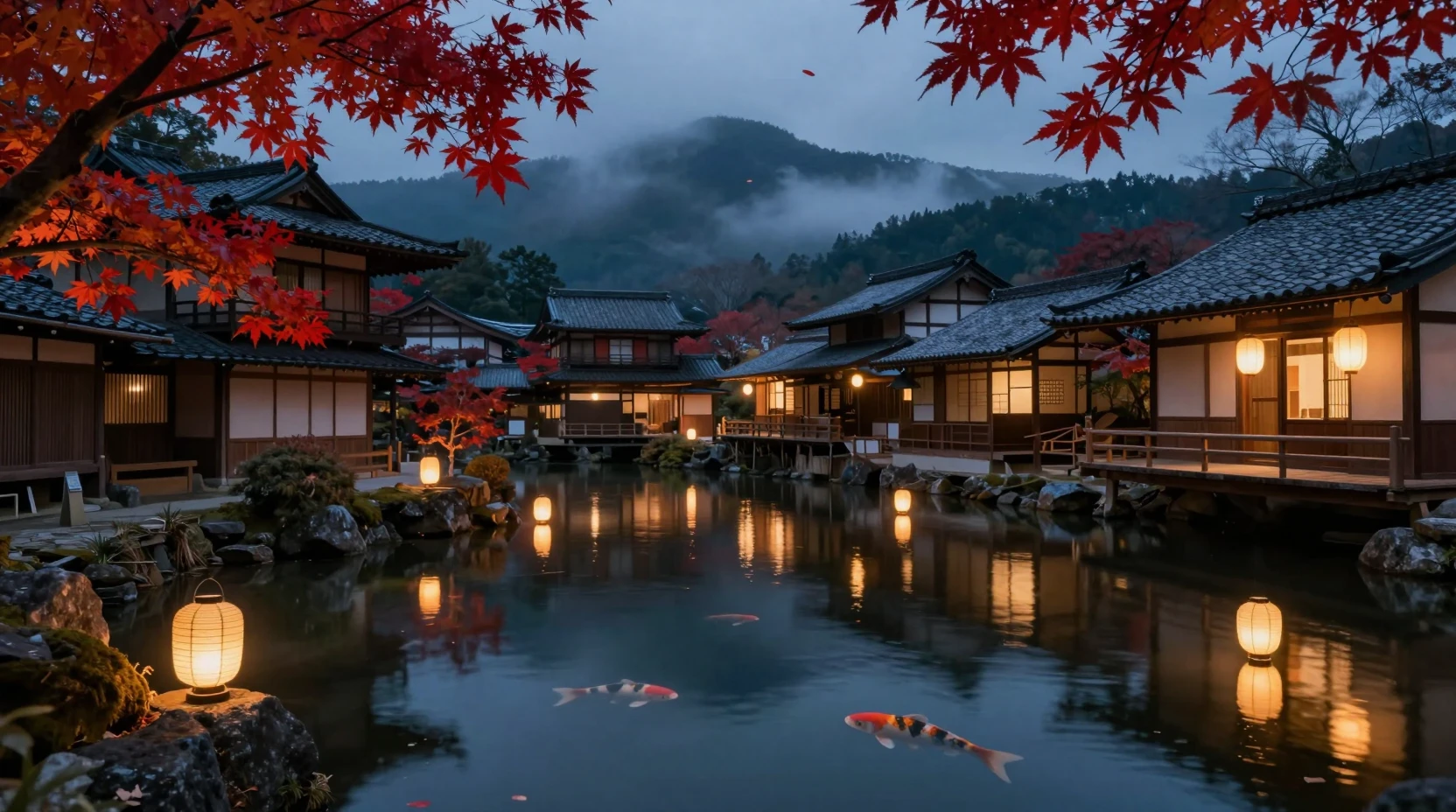 Antiguo pueblo japonés junto a un estanque de carpas luminoso de noche