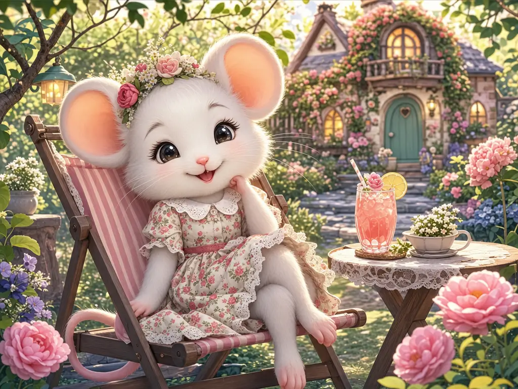 Süße weiße Maus entspannt auf einem Blumen-Gartenliegestuhl