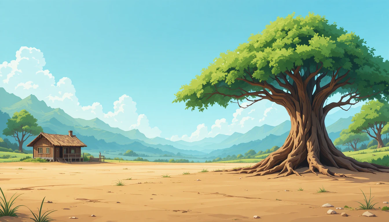 Escena rural de desplazamiento lateral con árbol y choza de aldea