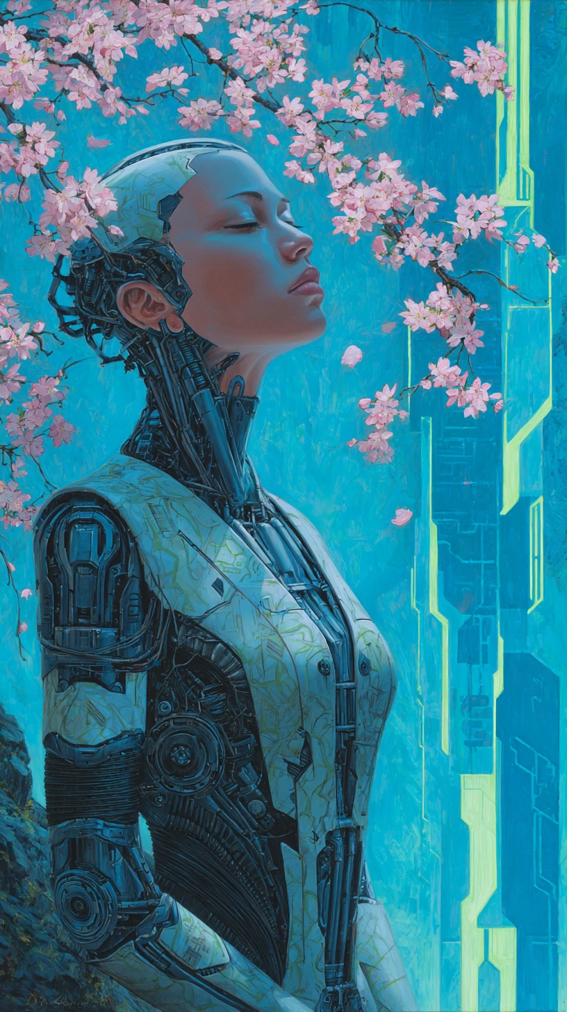 Surreal Robot Woman With Biopunk Mechanics In Neon City