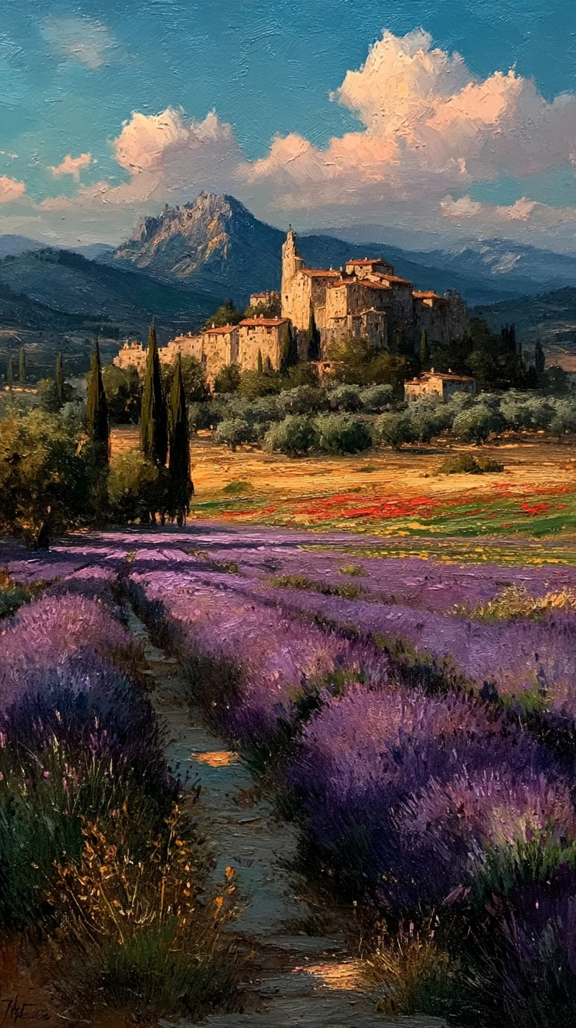 Campi di lavanda all’ora d’oro in un paesaggio mediterraneo