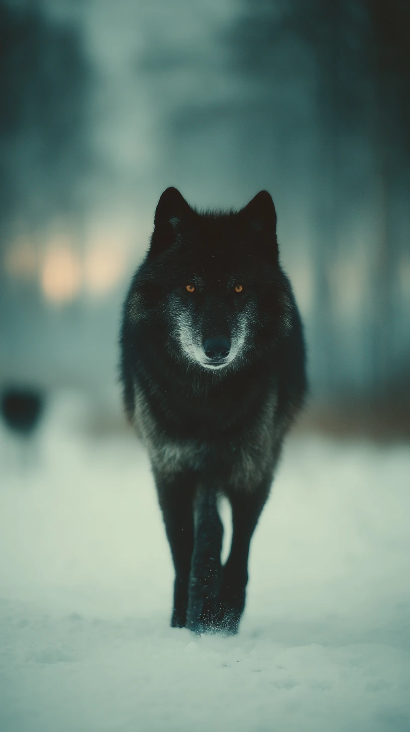Lobo negro caminhando em direção ao observador através da neve branca de inverno