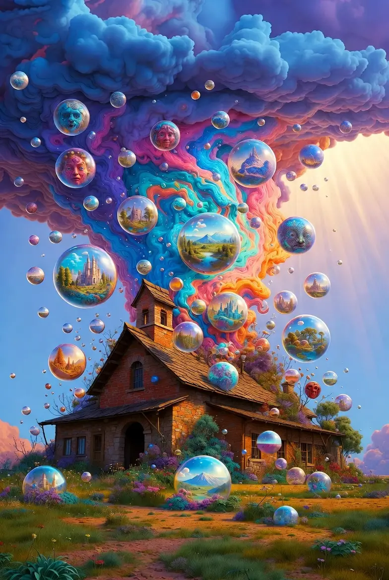 Surreal brewery with magical sources in couture inspired colors