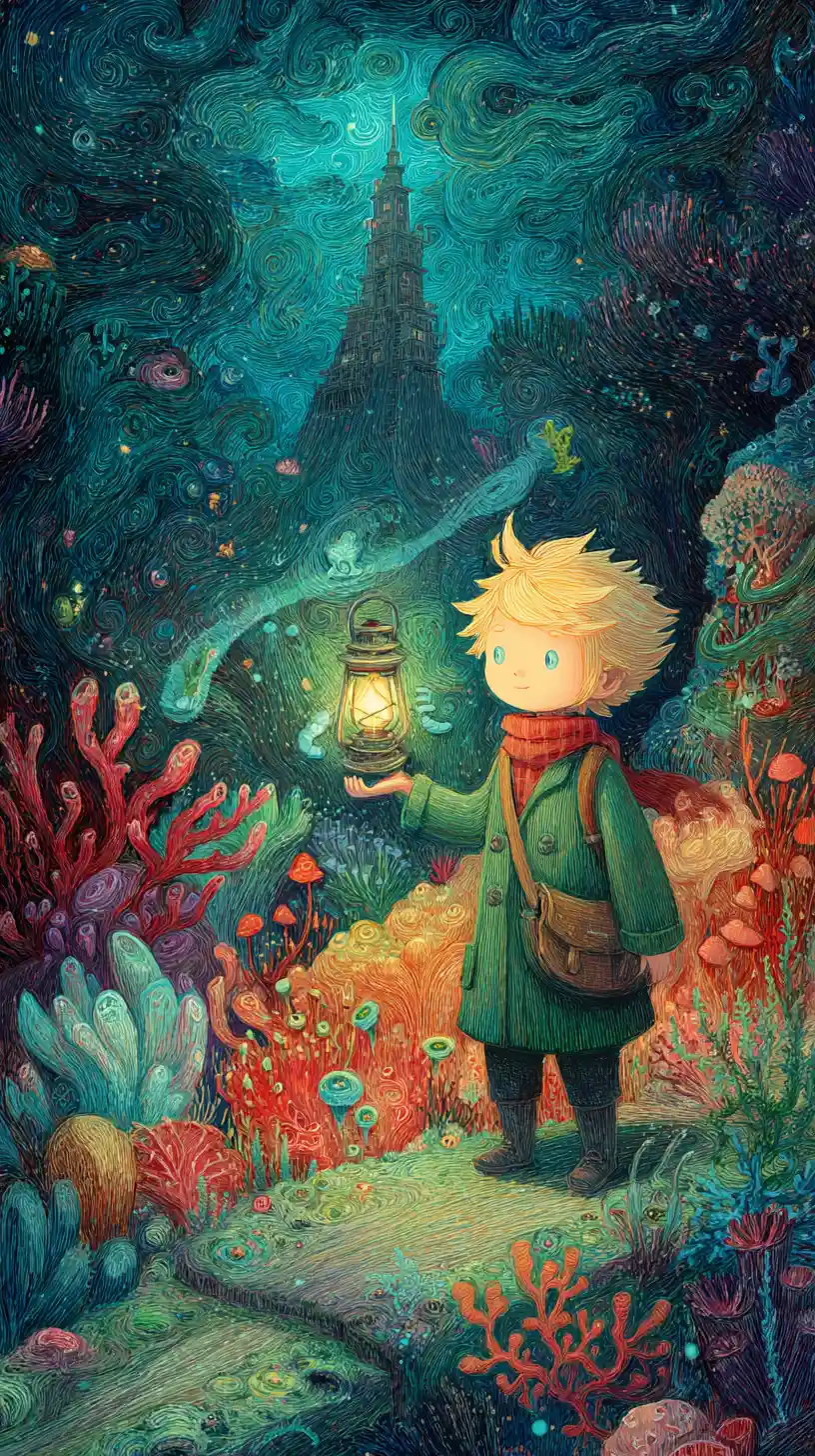 Child with lantern exploring a surreal underwater path