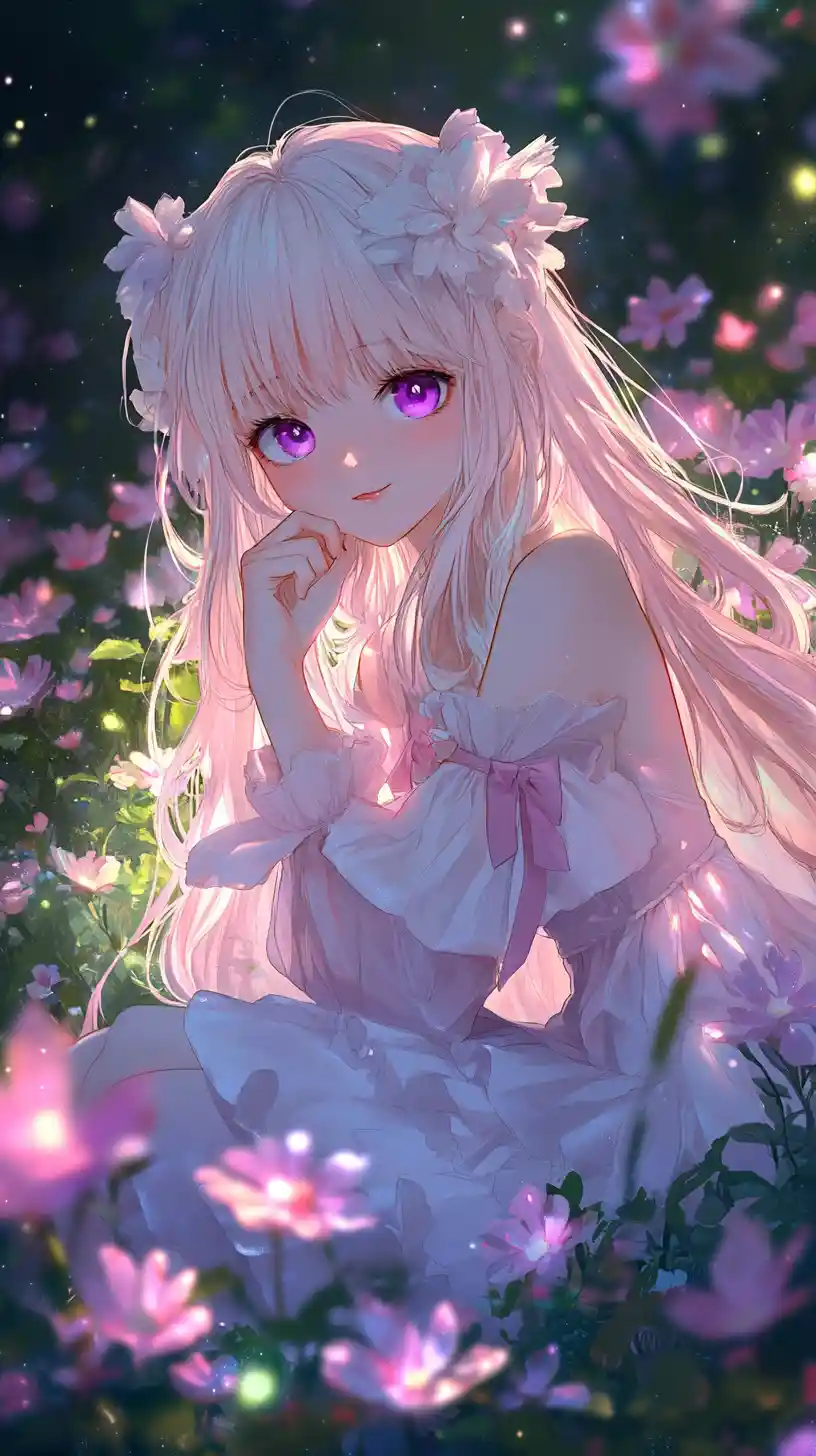 Chica de anime de cabello rosa en un campo de flores brillantes