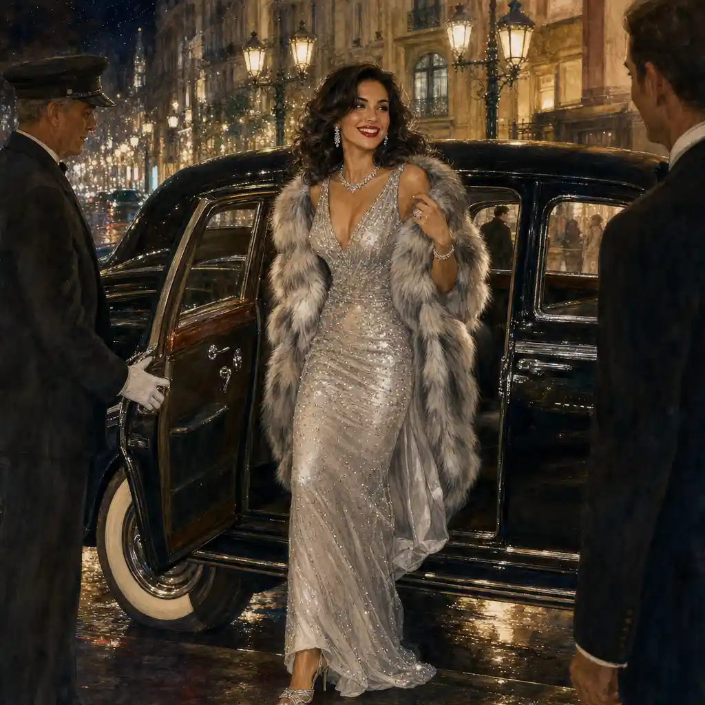 Elegant woman in silver gown stepping from vintage car