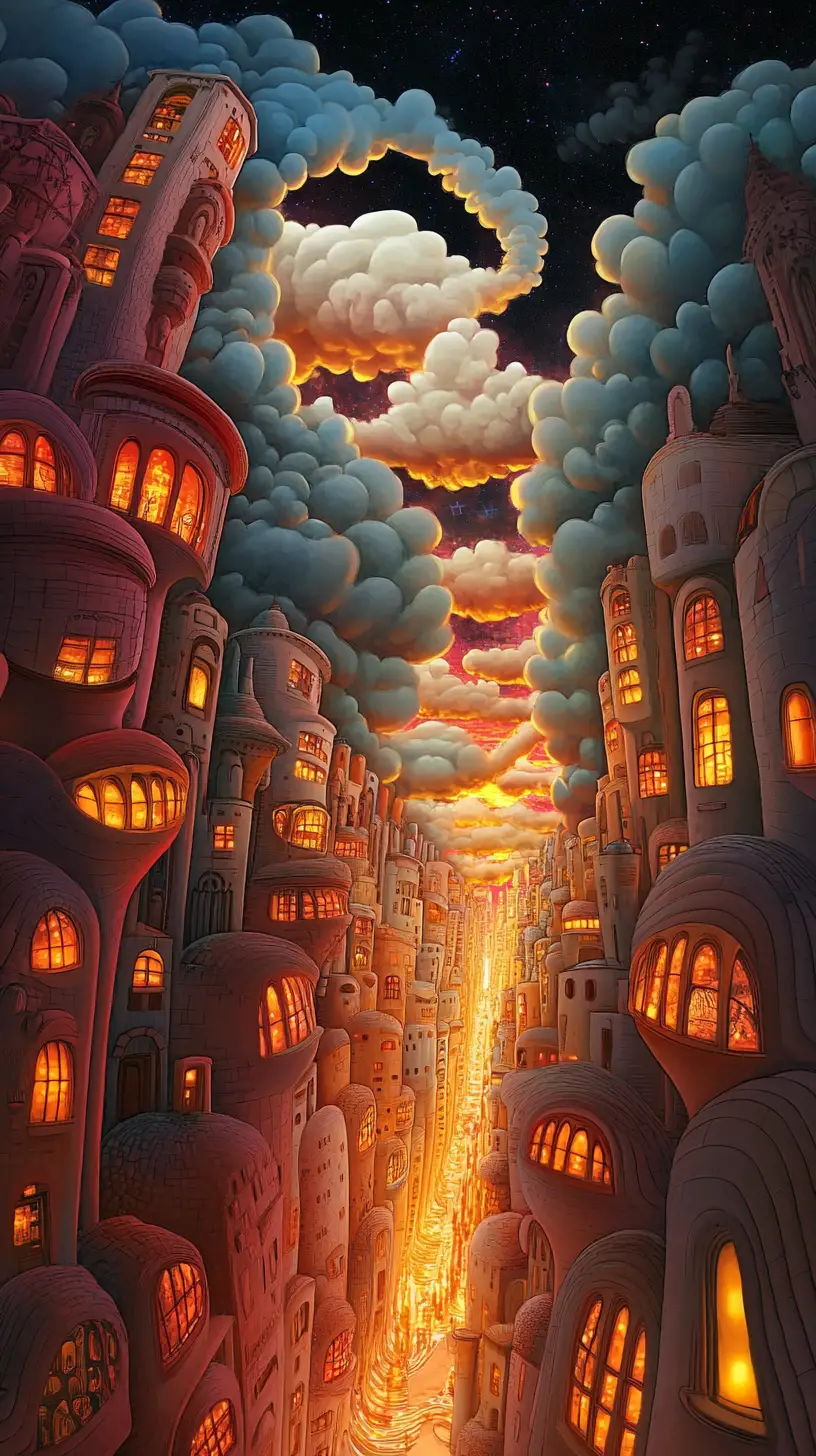 充滿微笑彎曲建築與發光窗戶的超現實城市景觀
