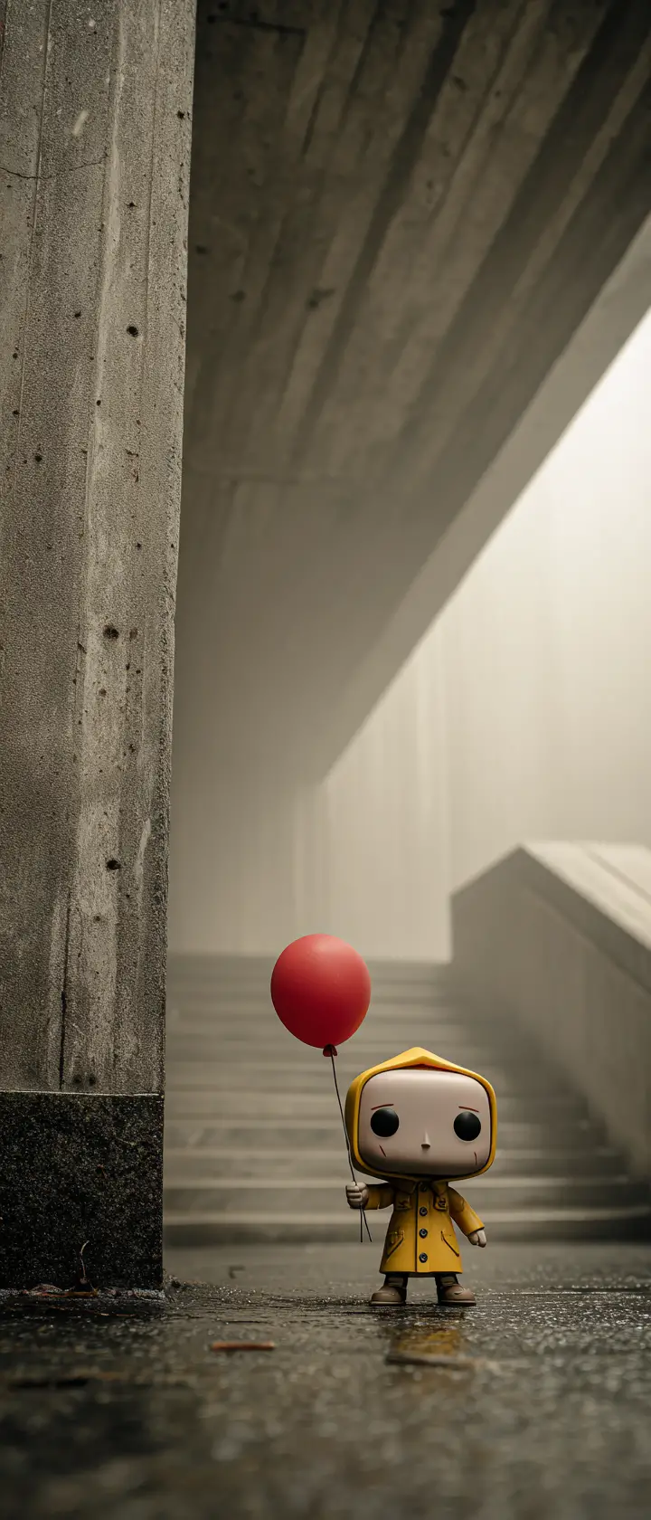 Tiny child figure in yellow raincoat under brutalist stairwell