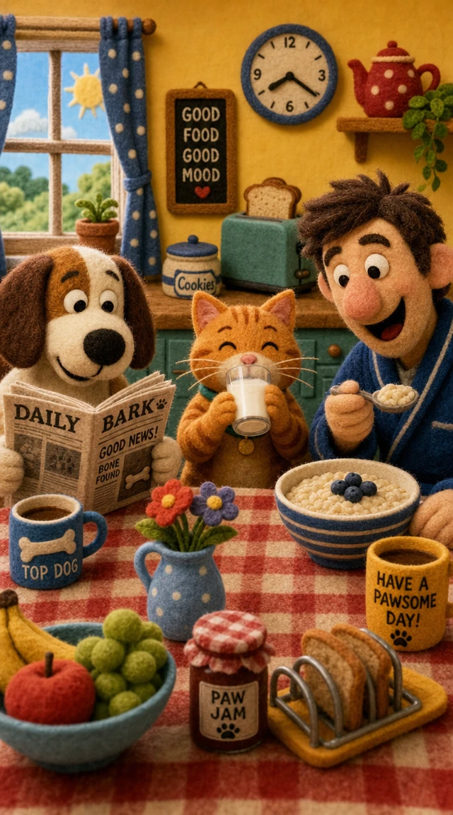 Chien, chat et homme partageant une scène de petit-déjeuner ludique