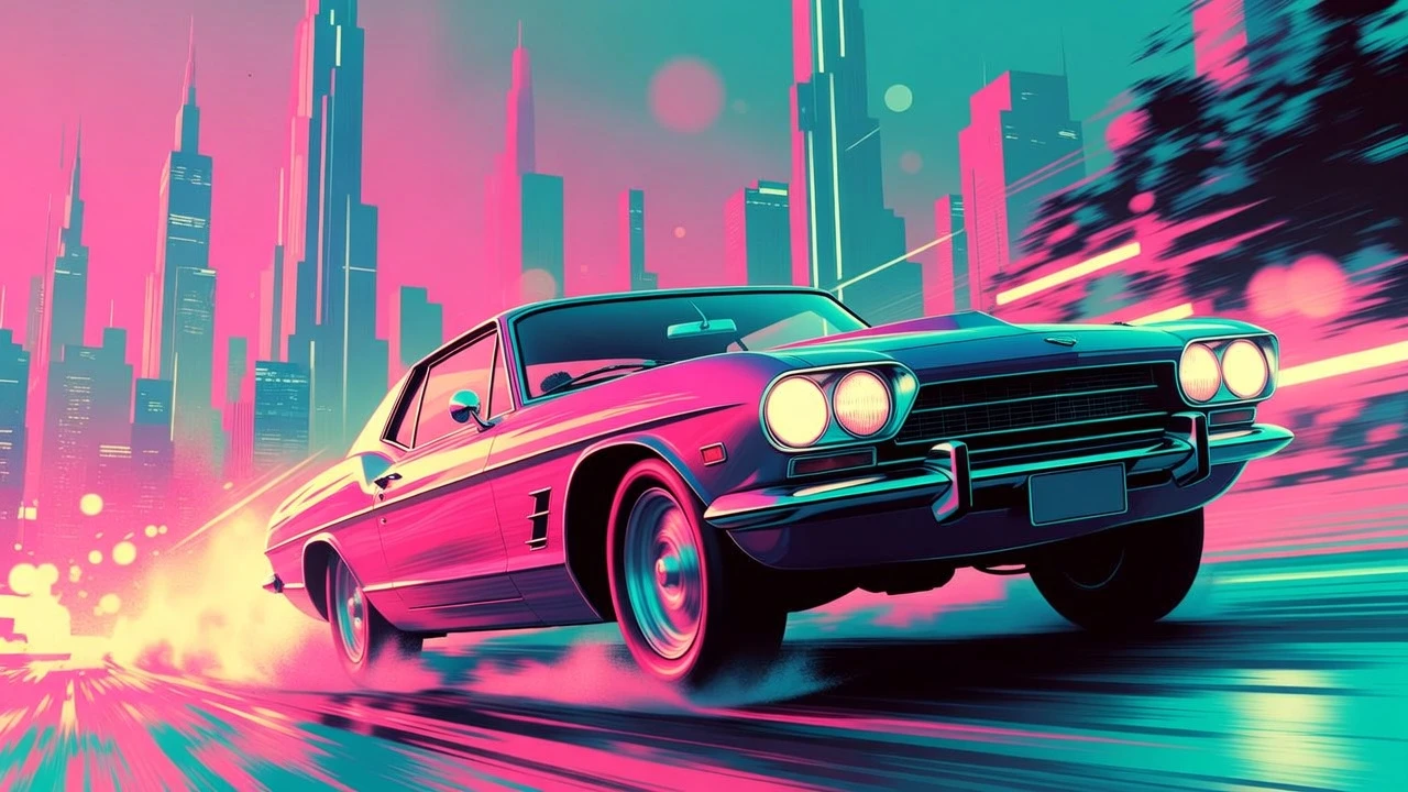 Vintage sports car chase in a neon futuristic city