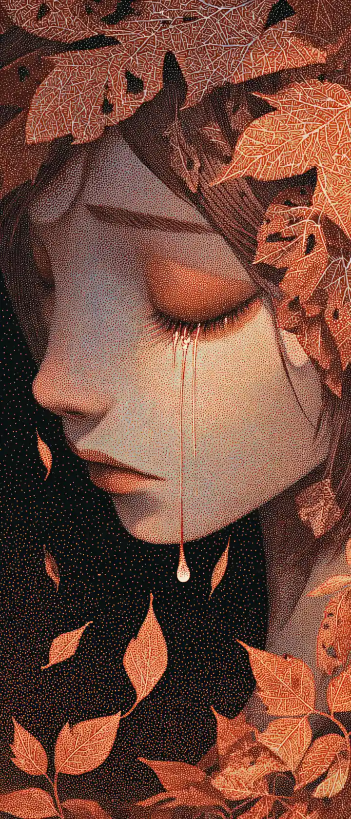Forest spirit fading into autumn leaves with glowing tear