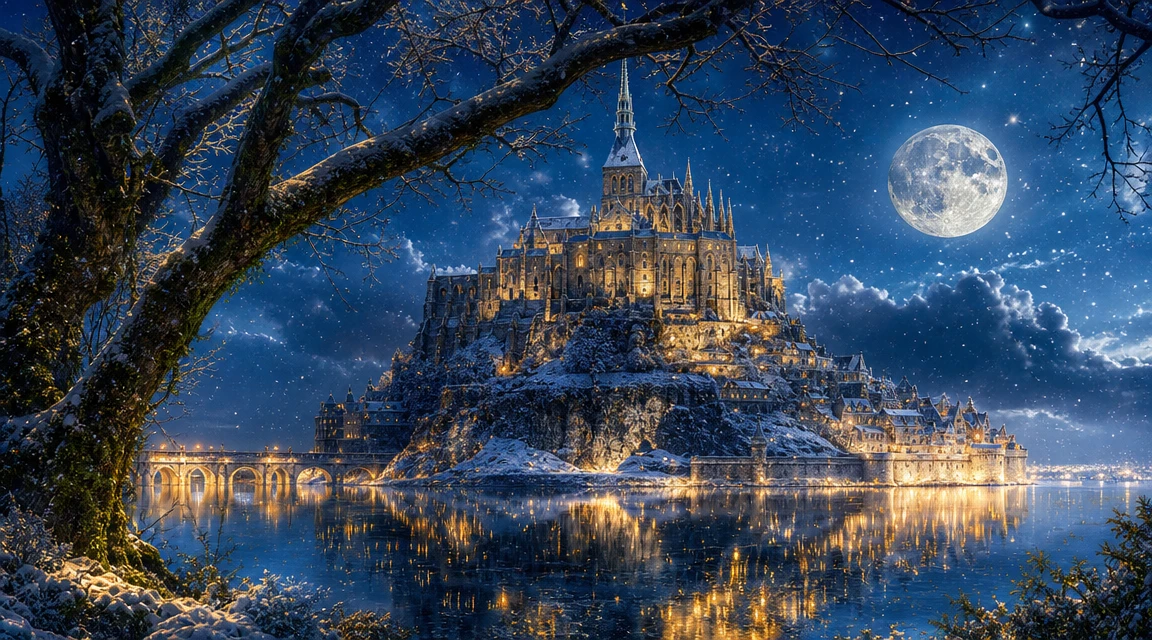 Castelo de Fantasia Nevado Refletido em Lago ao Luar