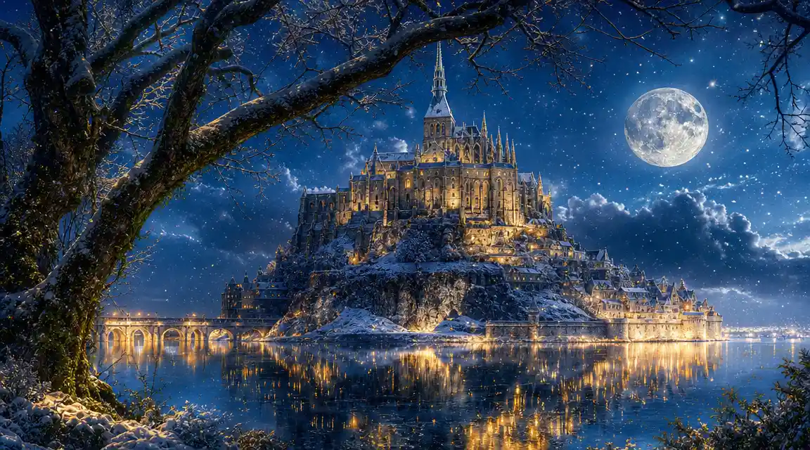 Snowy Fantasy Castle Reflected In Moonlit Lake