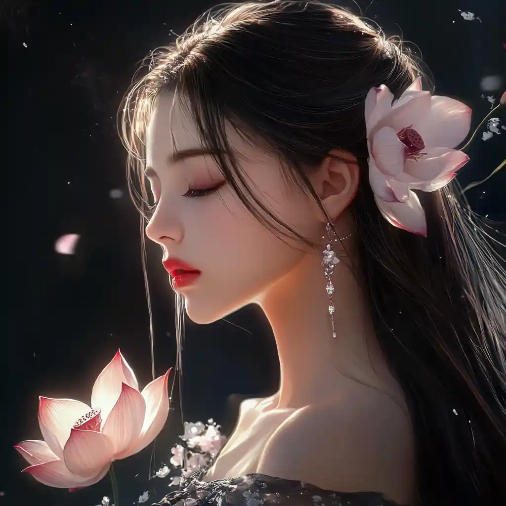 Ethereal Anime Woman With Glowing Lotus Flowers