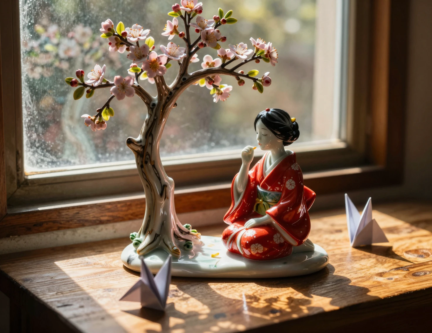 Cena de primavera em miniatura com mulher e criança em quimono vermelho