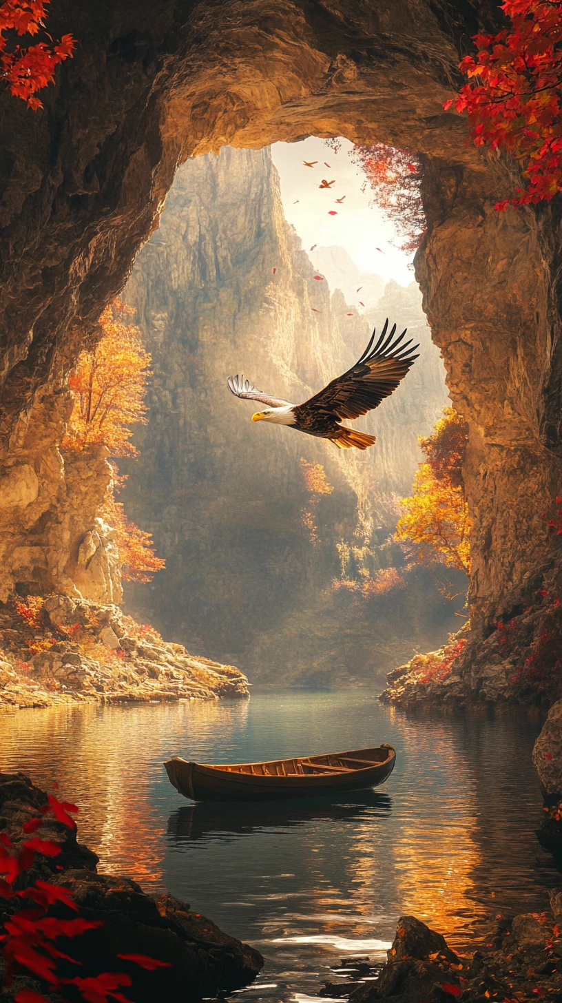 Águila Sobrevolando una Cueva Iluminada por el Sol y un Lago de Montaña