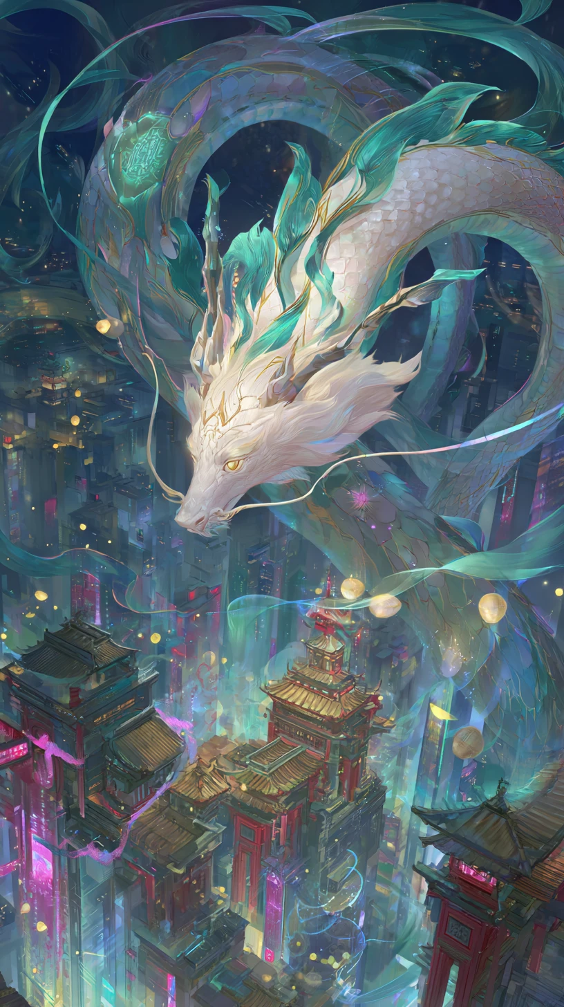 Dragão oriental sobre cidade cyberpunk neon ao entardecer