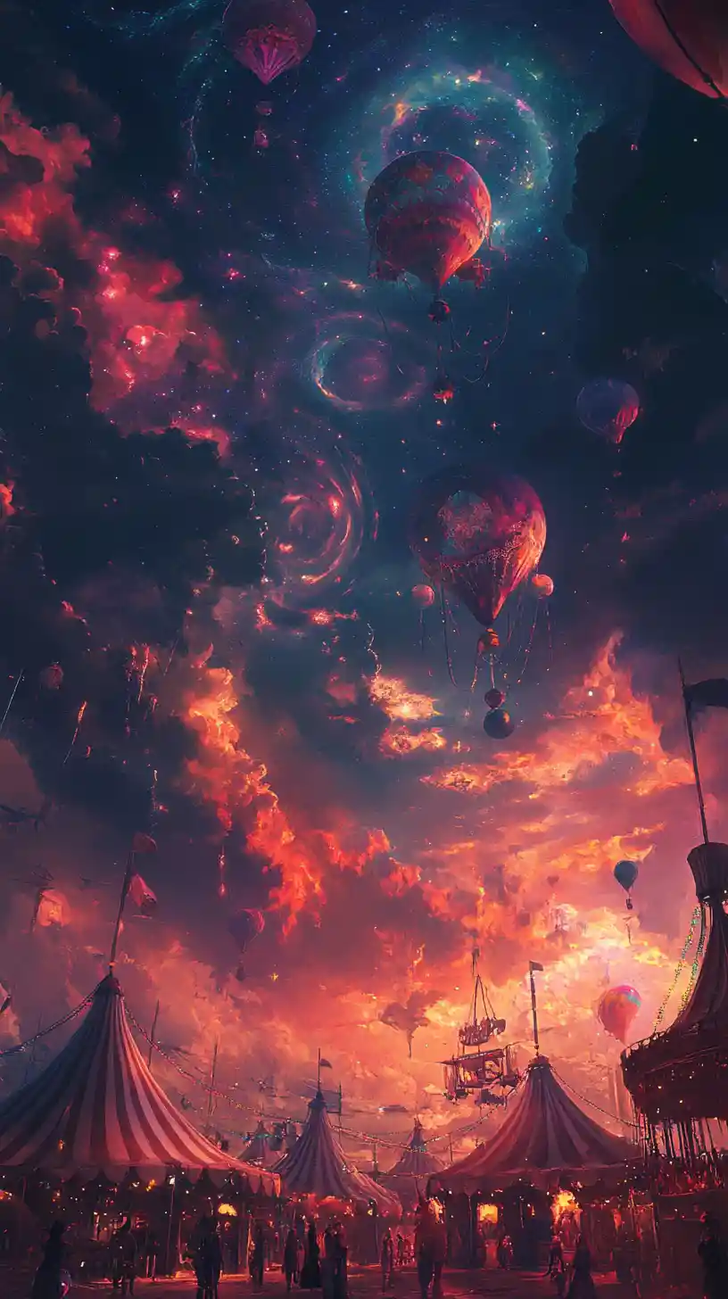 Surreal floating circus with performers drifting into the sky