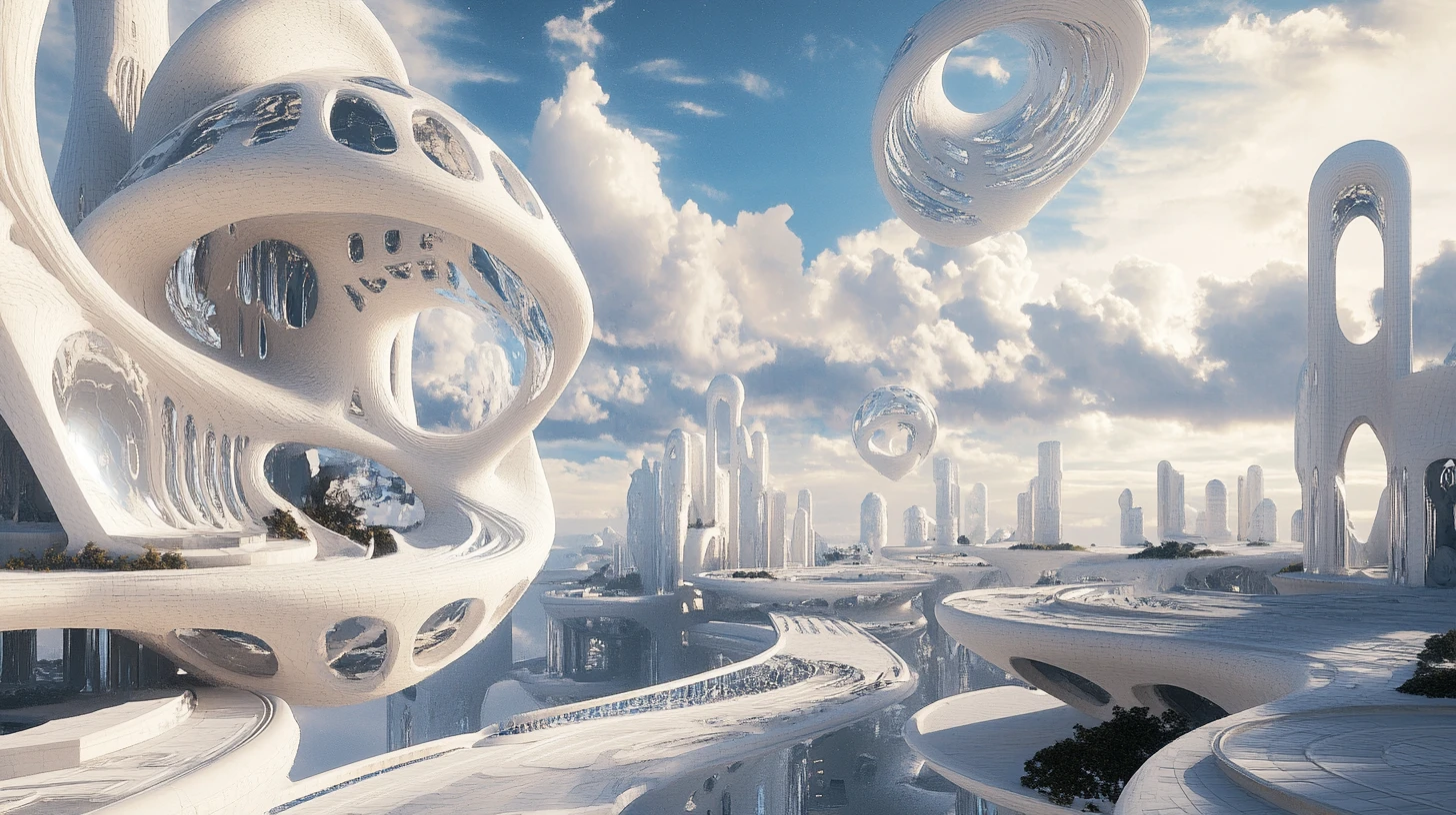 Architettura surreale fluttuante in un paesaggio dalla gravità distorta