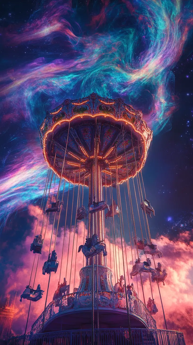 旋轉進入無盡宇宙虛空的超現實旋轉木馬