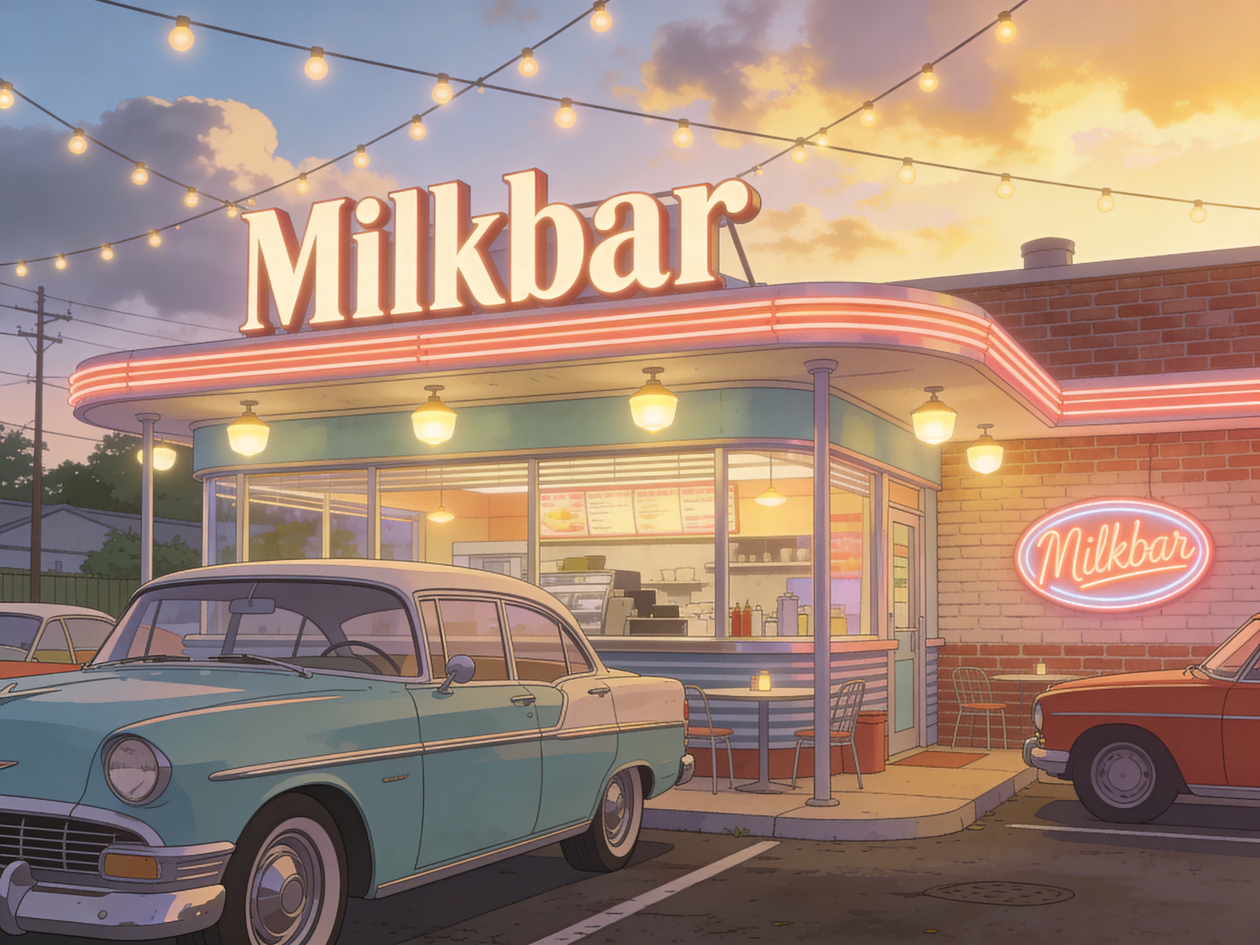 Cena de rua aconchegante com milk bar vintage e carros ao entardecer