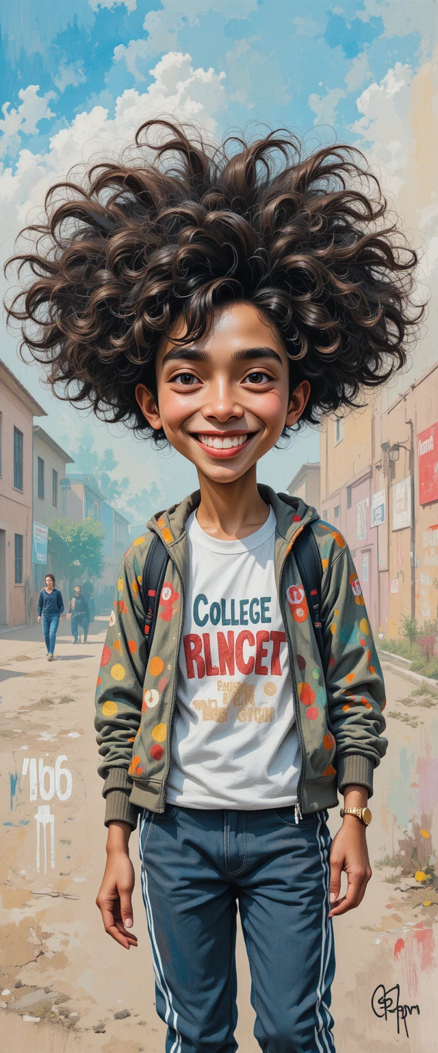 Retrato bem-humorado de um jovem de cabelo cacheado