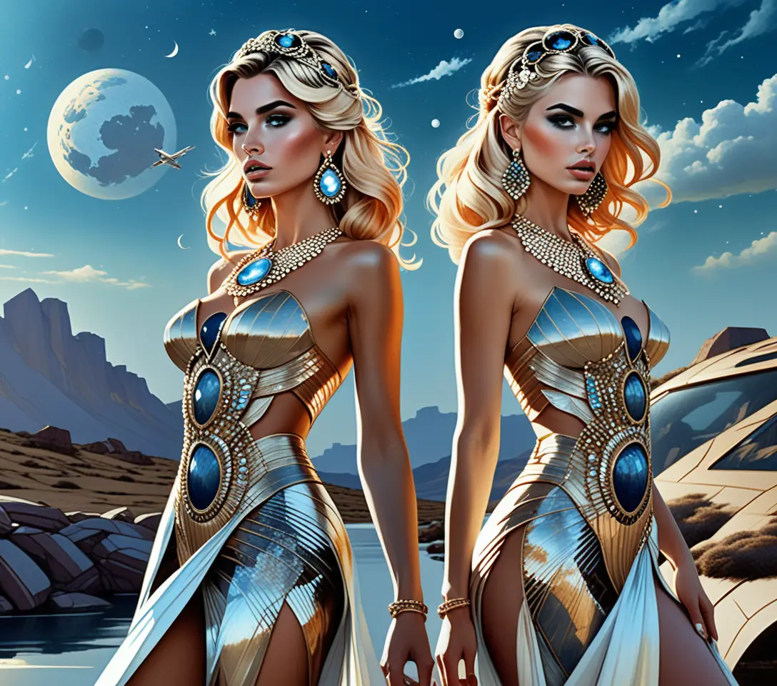 Mulher solarpunk em elegante vestido futurista de baile