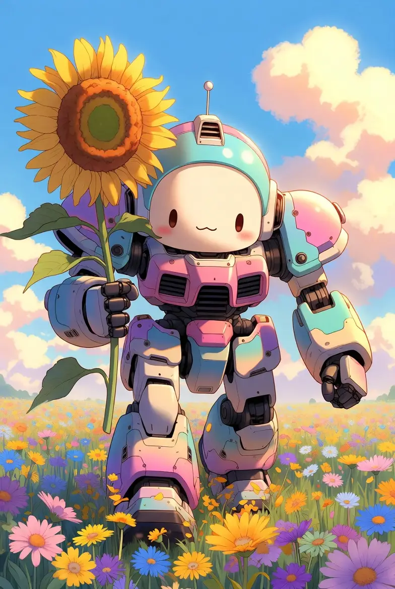 可愛巨型機甲漫步在晴朗花海中