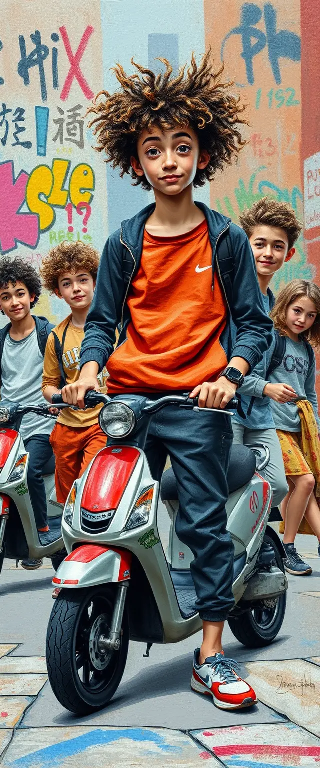 Sette giovani uomini con scooter davanti a un campus universitario