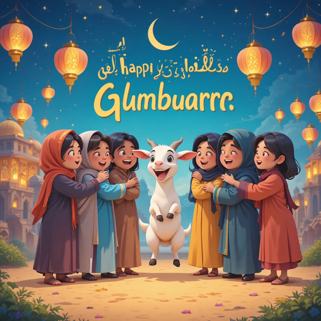 Alegre celebração de Bakra Eid com amigos e um bode feliz
