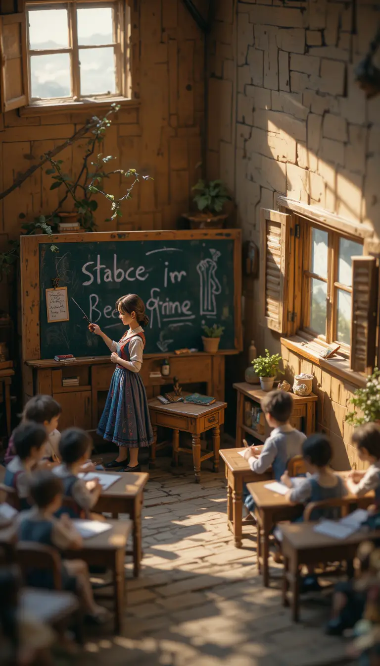 Aula in miniatura di arte popolare con piccola insegnante alla lavagna