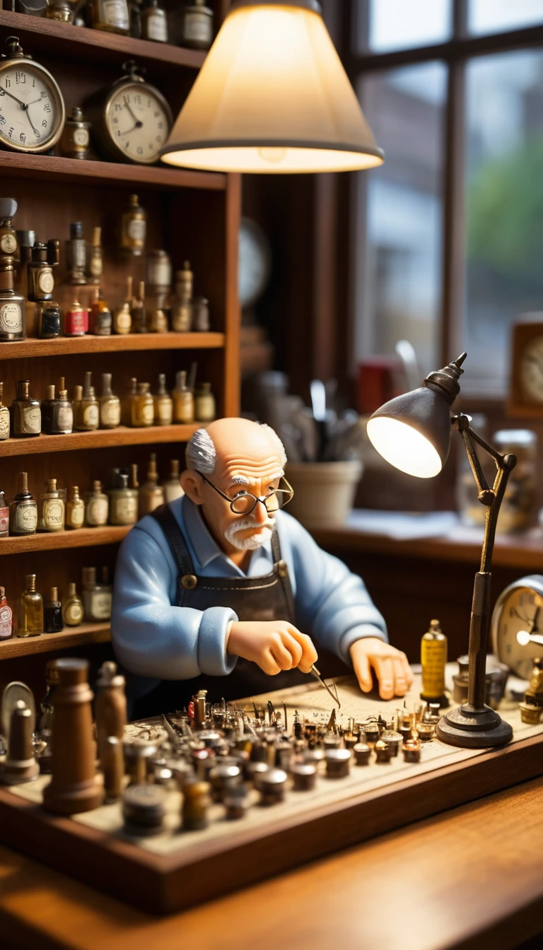 Miniatur-Uhrmacher an winziger Werkbank unter Schreibtischlampe