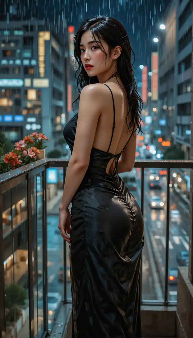 Woman on rainy hotel balcony in black satin dress