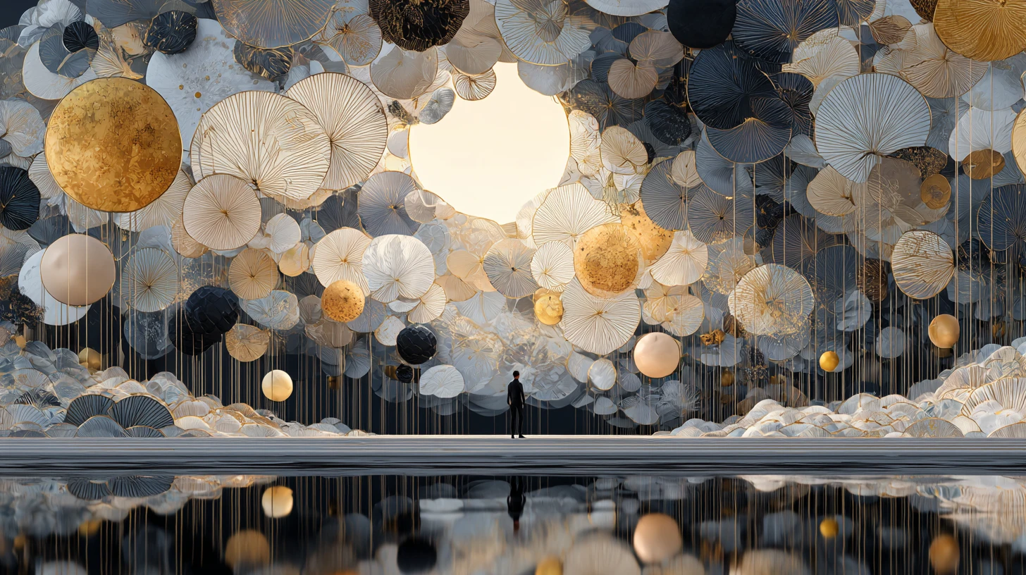 Esfera Surreal de Balões Sobre Paisagem de Água Reflexiva