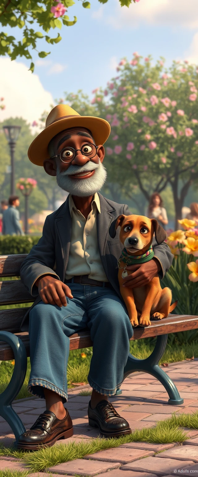 Avô africano com cachorro em um banco em um parque florido