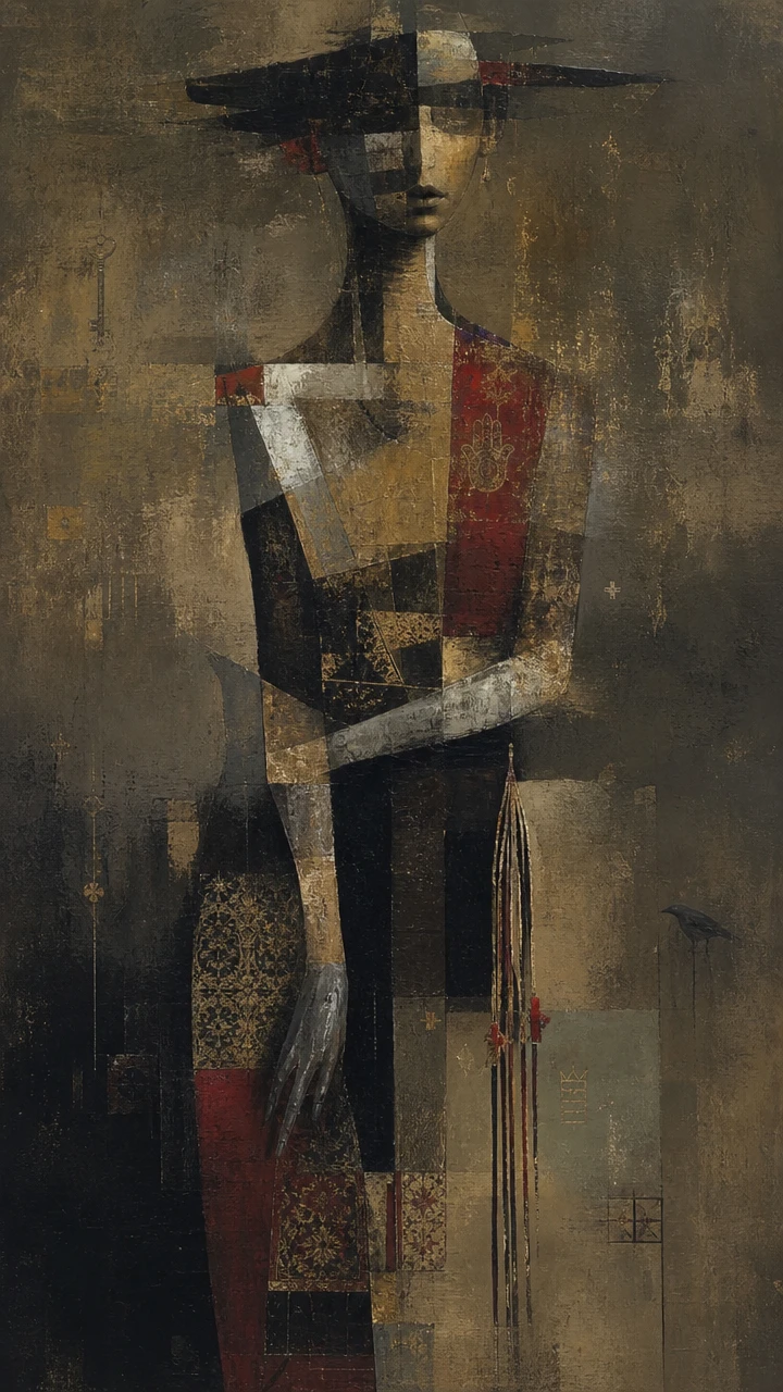 Surreale fragmentierte Figur, die sich in texturierte abstrakte Schatten auflöst