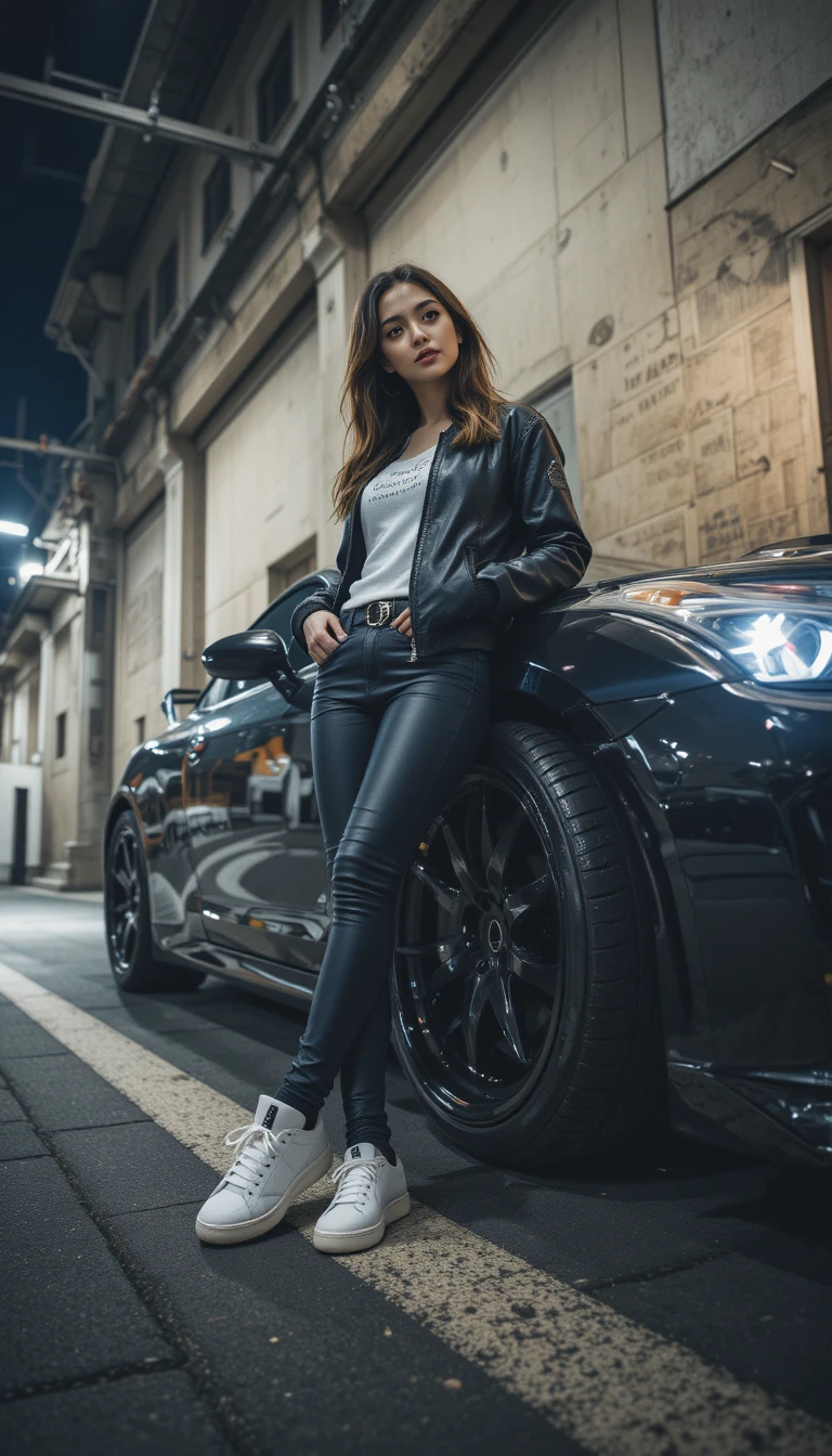 Jeune femme en techwear avec voiture de sport en contre-plongée