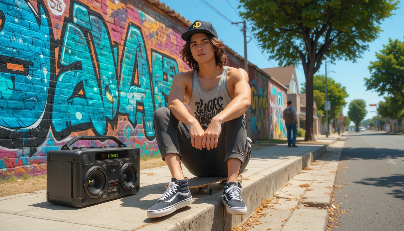 Ragazzo con skateboard seduto sul marciapiede di una soleggiata strada di periferia