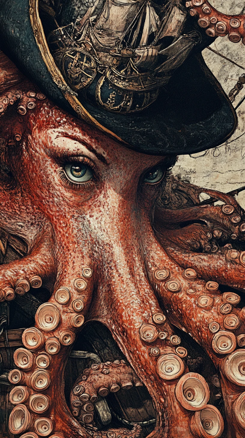Femme-pieuvre avec un chapeau sur le pont d’un navire pirate