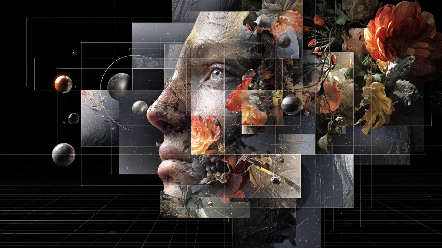 Rosto humano surreal se desdobrando em dimensões abstratas em camadas